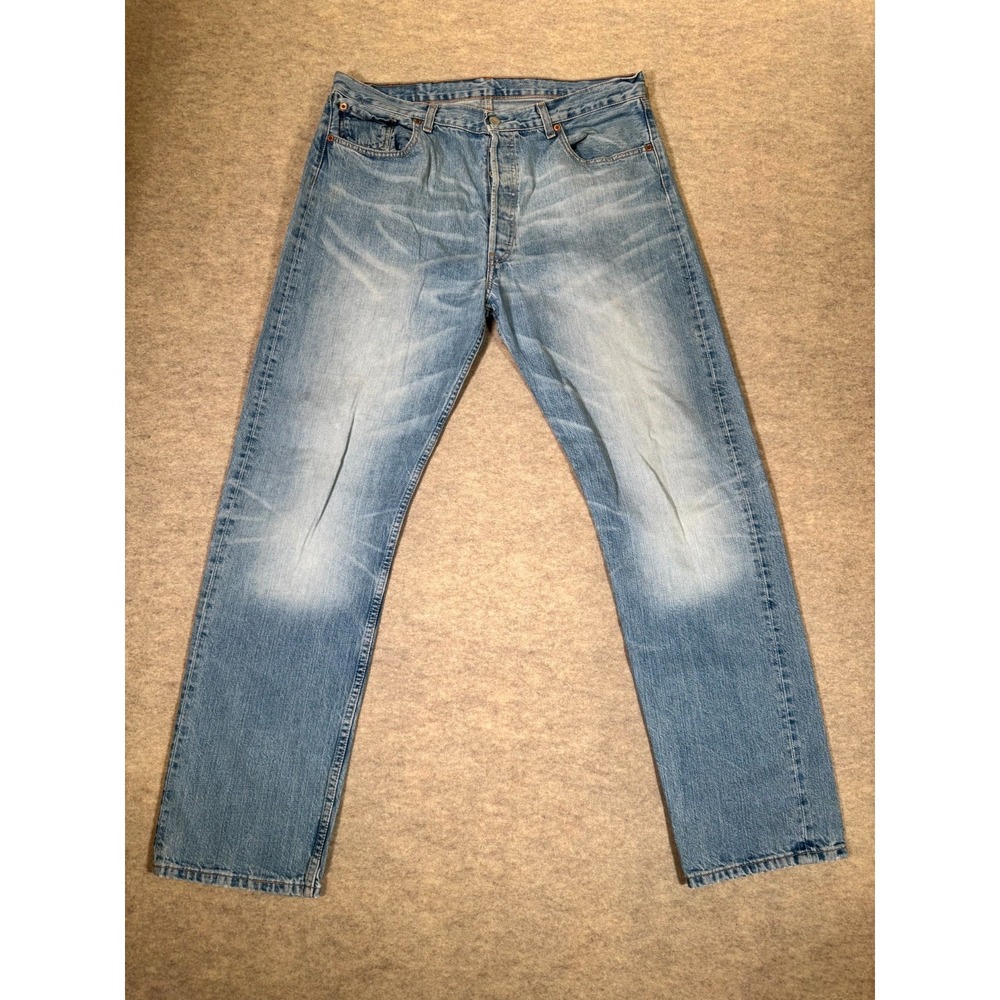 Levis 501 Original Fit Jeans Mens 38x34 Light Blue Whiskering Denim Straight Leg